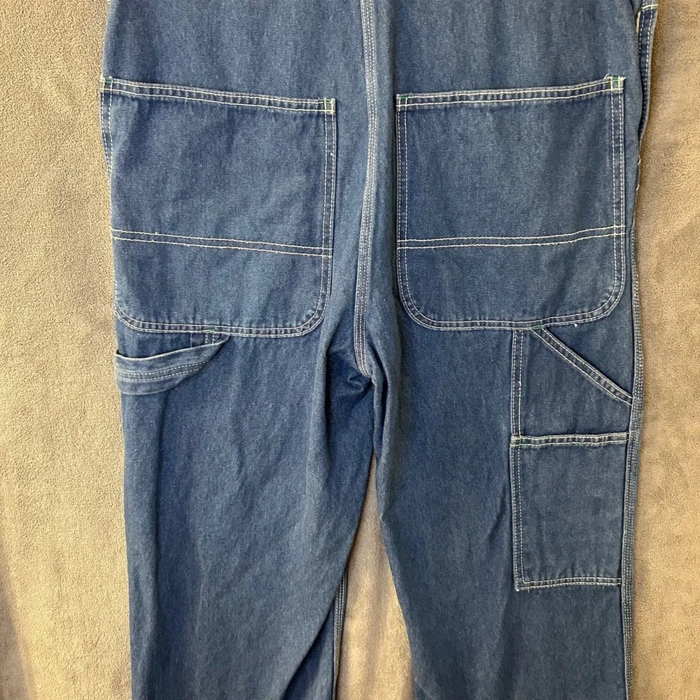 Liberty Mens 32W Blue Denim Bib Overalls Green Zipper Workwear Carpenter Pants